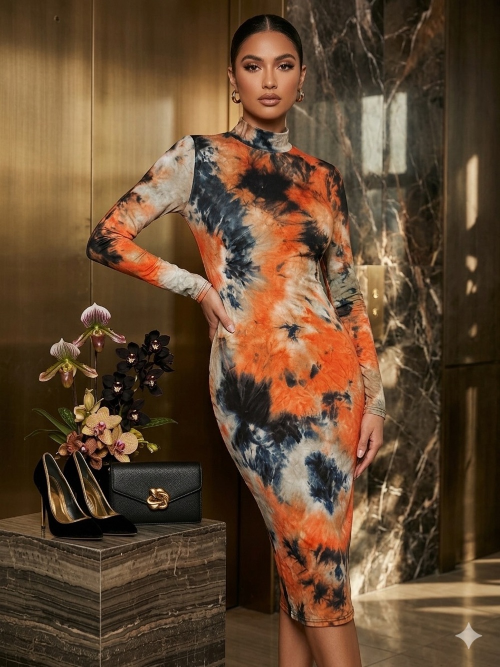 Fashion Nova Orange & Navy Tie-Dye Long Sleeve Bodycon Dress